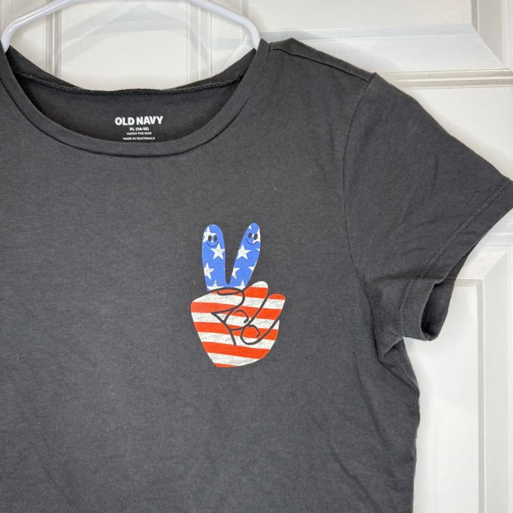 Old Navy Kids Size XL 14-16 Black‎ Peace Sign Patriotic Graphic T-Shirt
